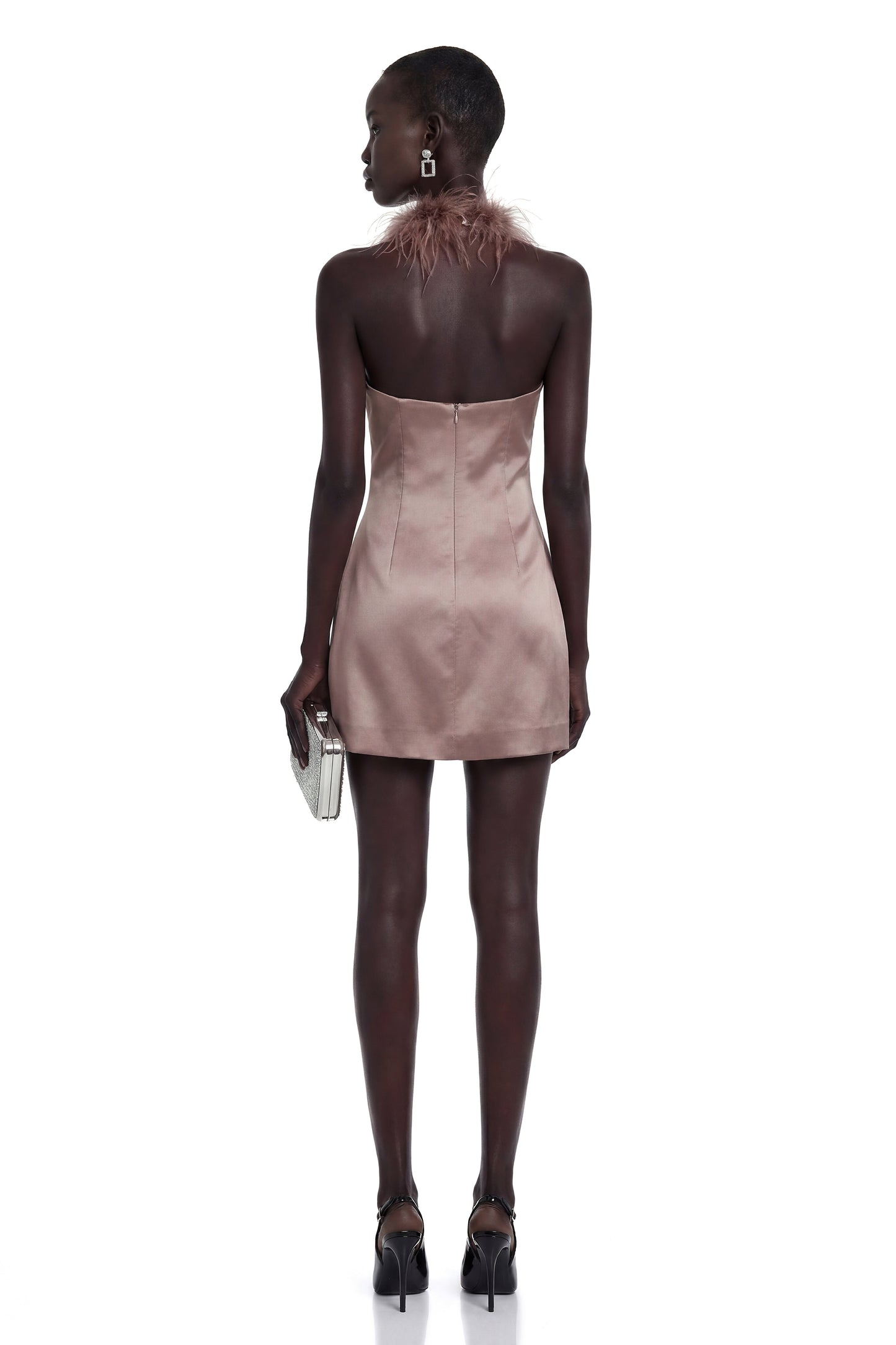 Amara Khaki Mini Dress with Feather Trim