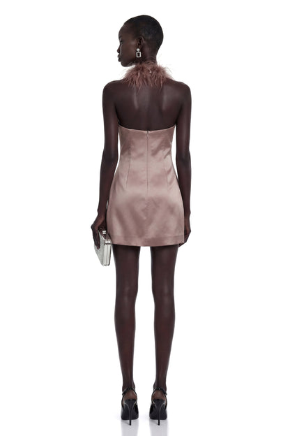 Amara Khaki Mini Dress with Feather Trim