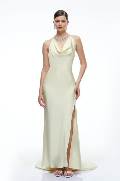 Amara Neutral Satin Cowl Neck Maxi Dress