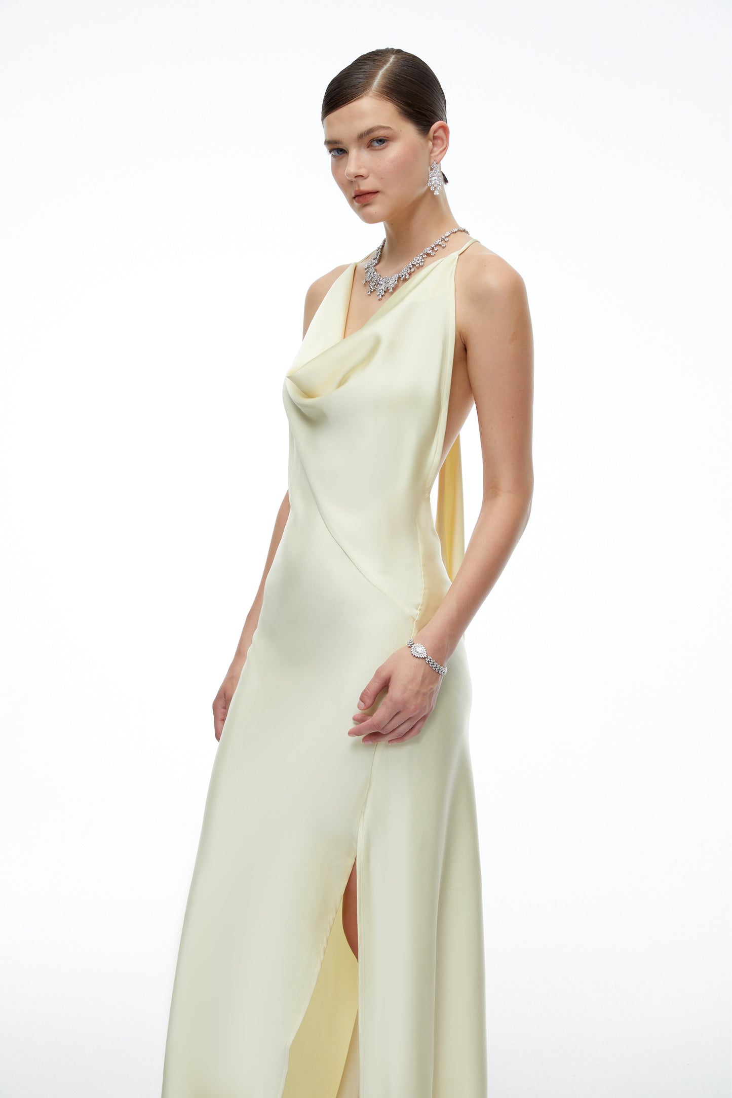 Amara Neutral Satin Cowl Neck Maxi Dress