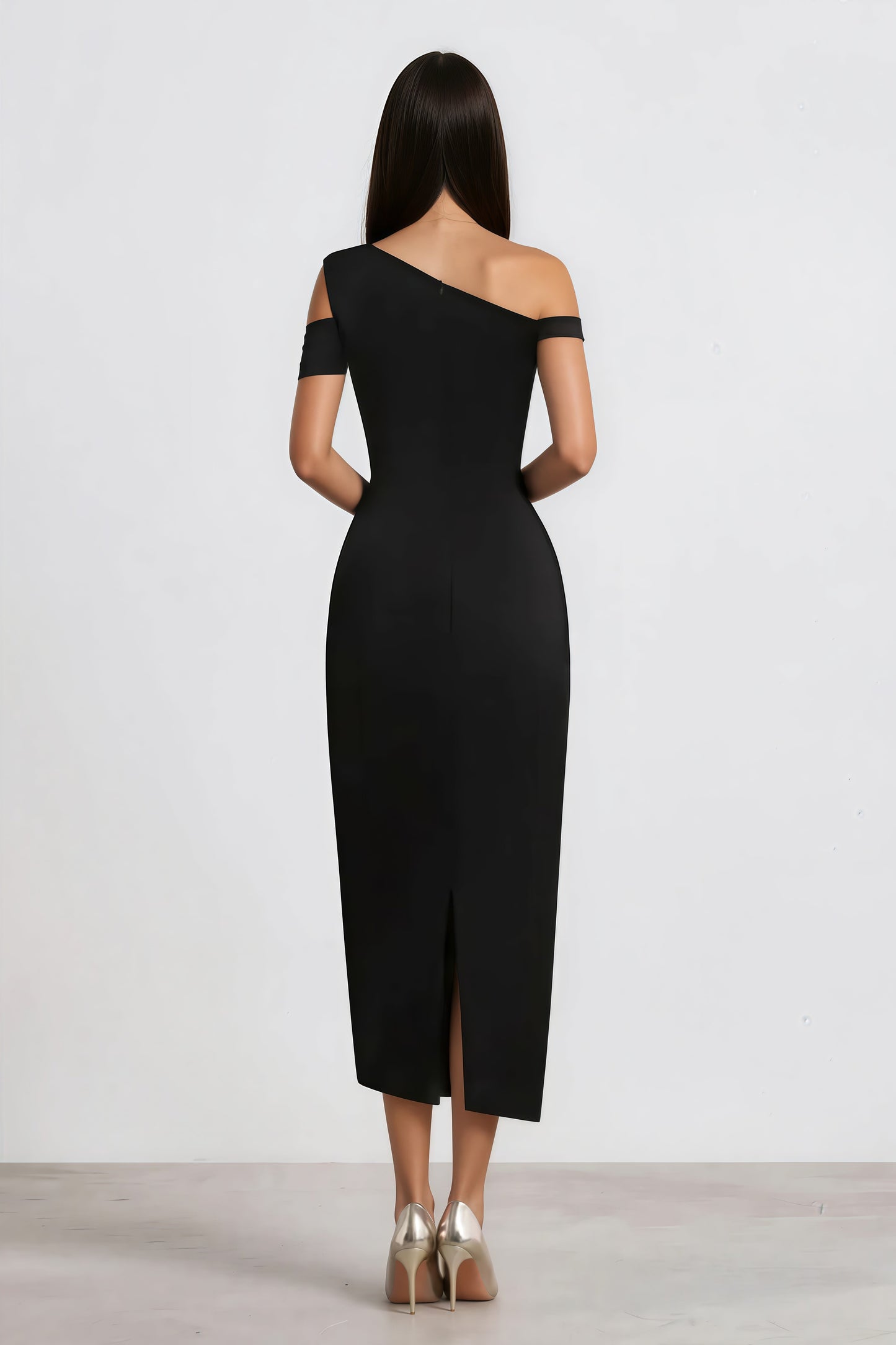 Amarante Black One Shoulder Asymmetrical Midi Dress