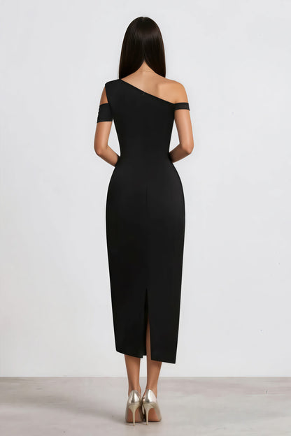Amarante Black One Shoulder Asymmetrical Midi Dress