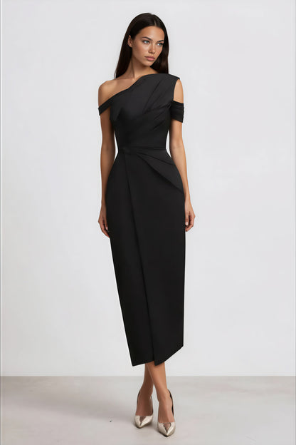 Amarante Black One Shoulder Asymmetrical Midi Dress