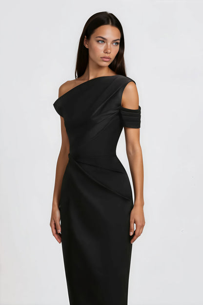 Amarante Black One Shoulder Asymmetrical Midi Dress