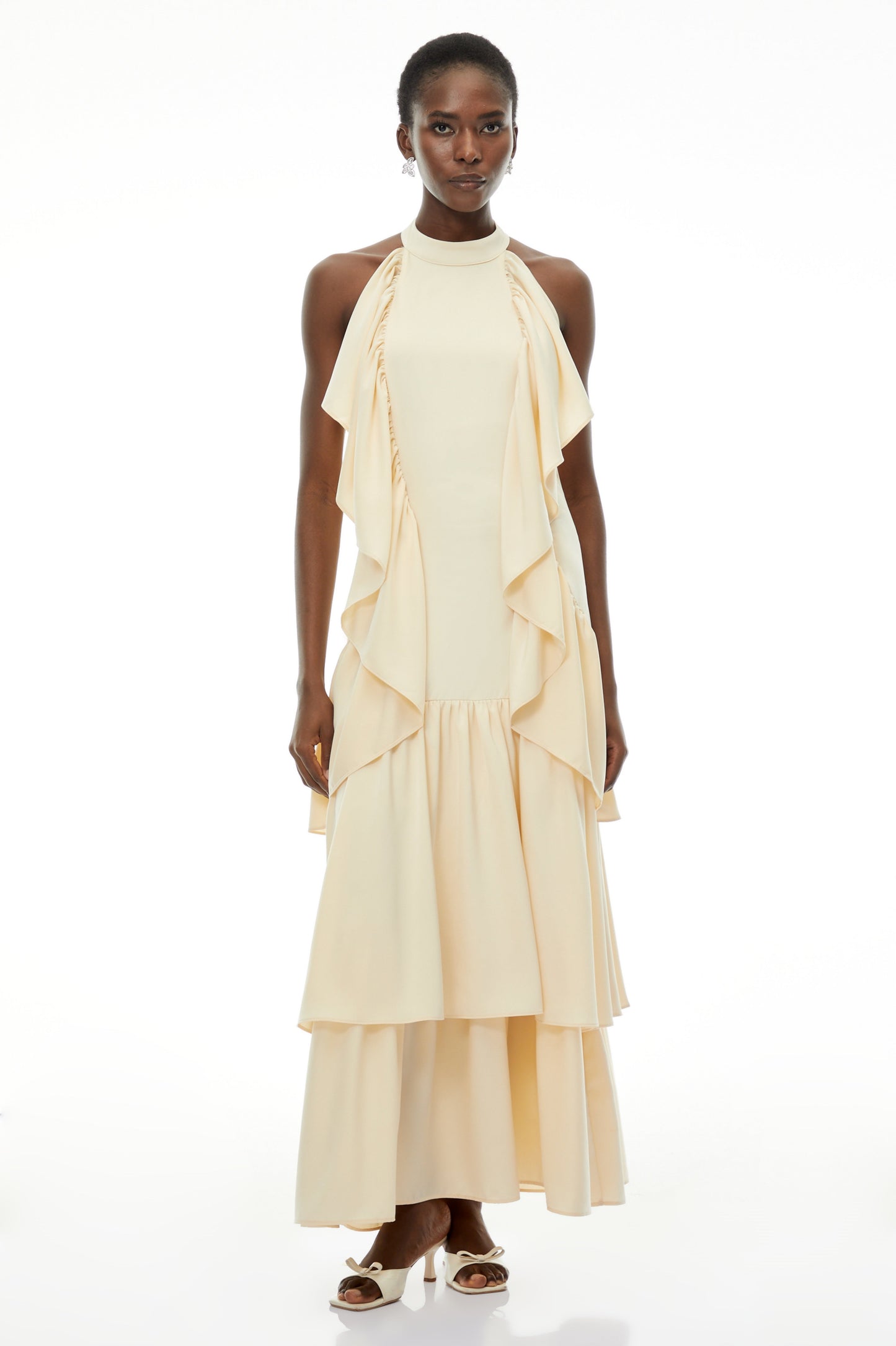 Ambre Yellow Ruched Sleeveless Maxi Dress