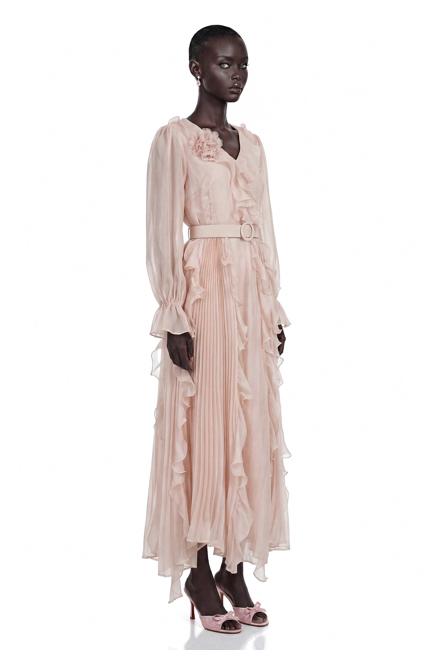 Amélie Pink V-Neck Floral Ruffled Maxi Dress With Bell Sleeves