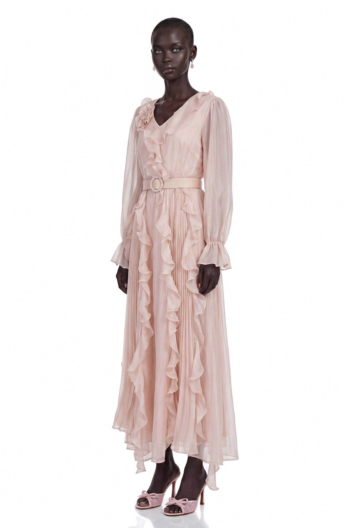 Amélie Pink V-Neck Floral Ruffled Maxi Dress With Bell Sleeves