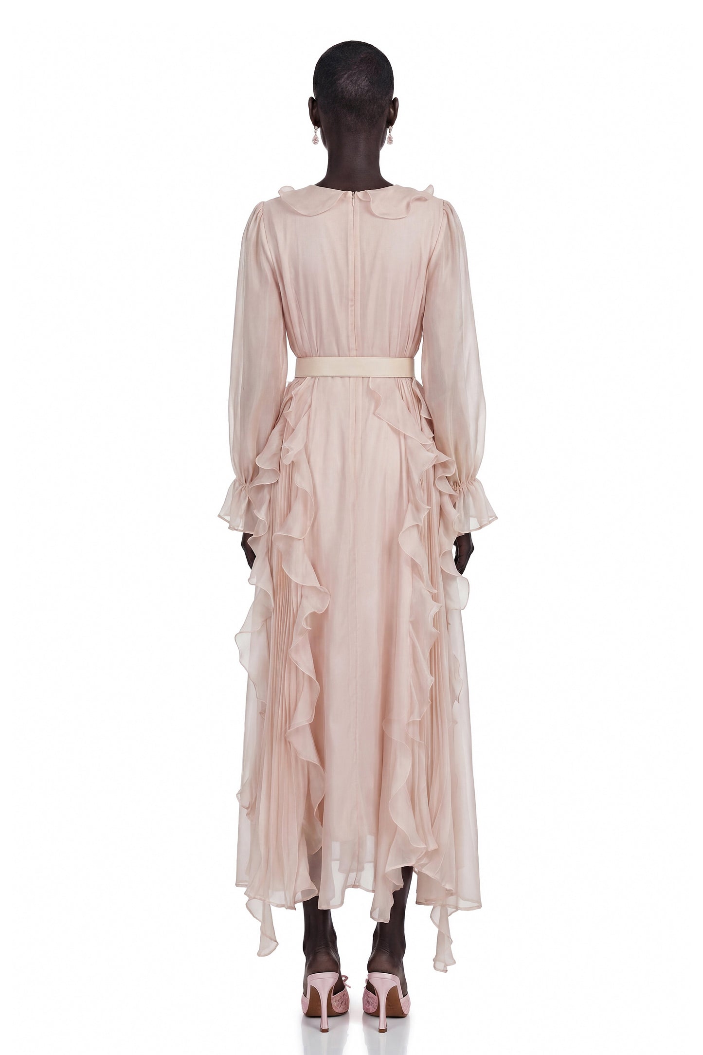 Amélie Pink V-Neck Floral Ruffled Maxi Dress With Bell Sleeves