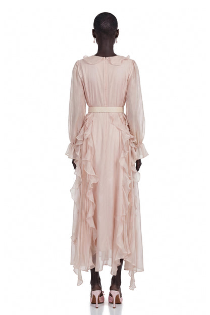 Amélie Pink V-Neck Floral Ruffled Maxi Dress With Bell Sleeves