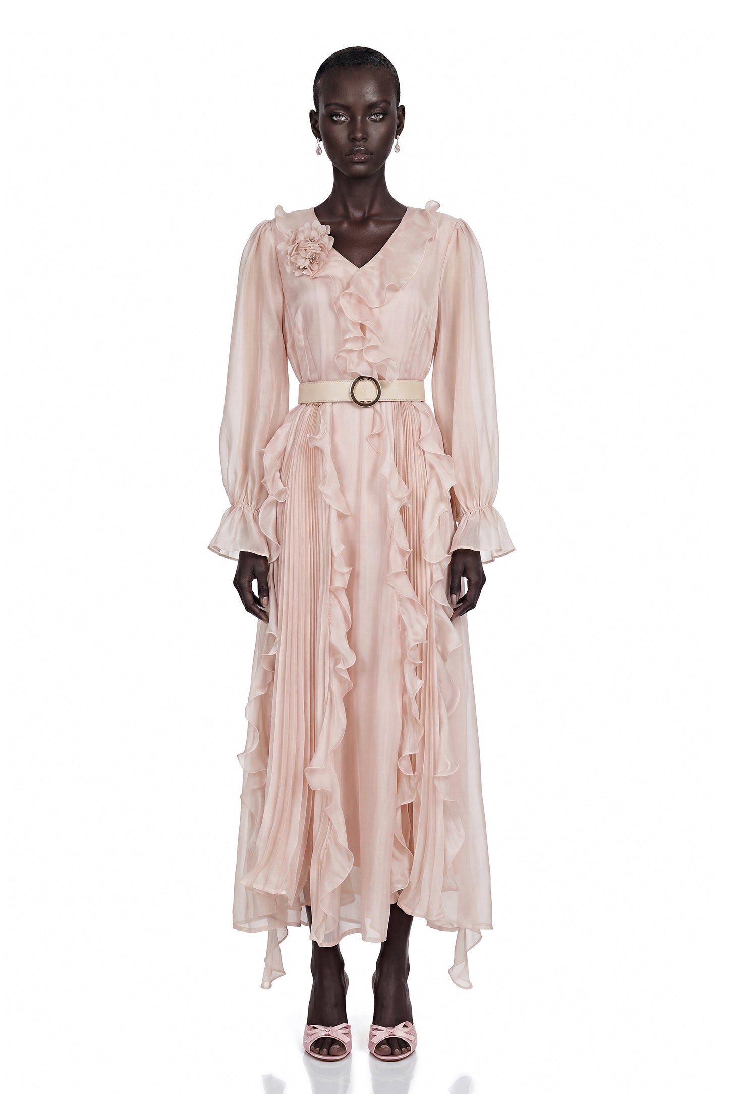 Amélie Pink V-Neck Floral Ruffled Maxi Dress With Bell Sleeves