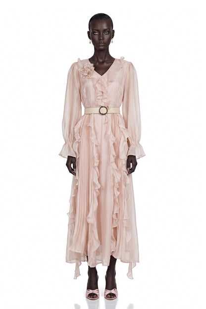 Amélie Pink V-Neck Floral Ruffled Maxi Dress With Bell Sleeves