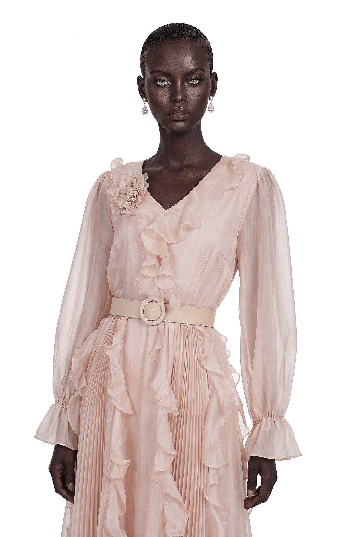Amélie Pink V-Neck Floral Ruffled Maxi Dress With Bell Sleeves