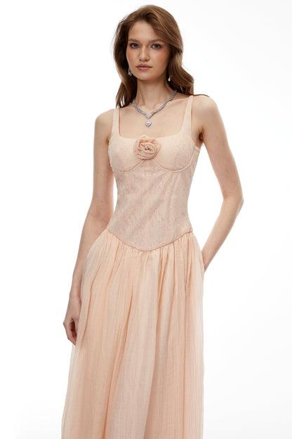 Amina Pink Floral Lace Midi Dress with Panels