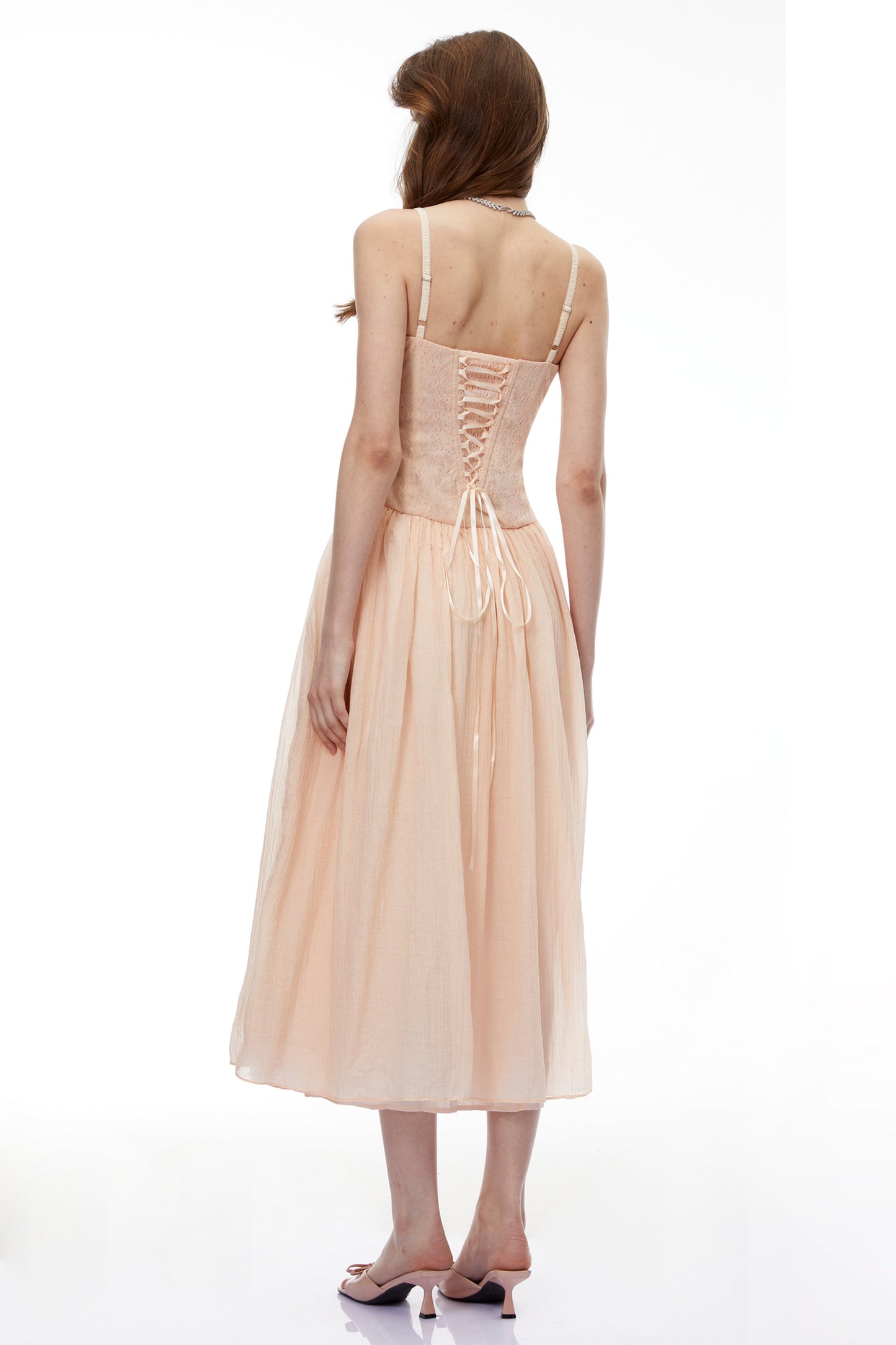 Amina Pink Floral Lace Midi Dress with Panels