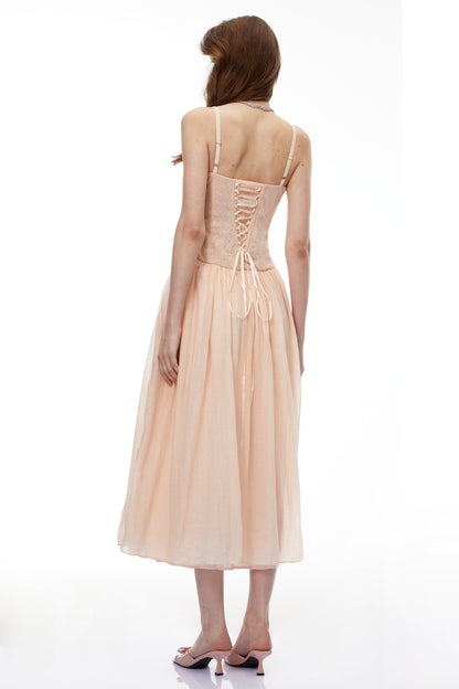 Amina Pink Floral Lace Midi Dress with Panels