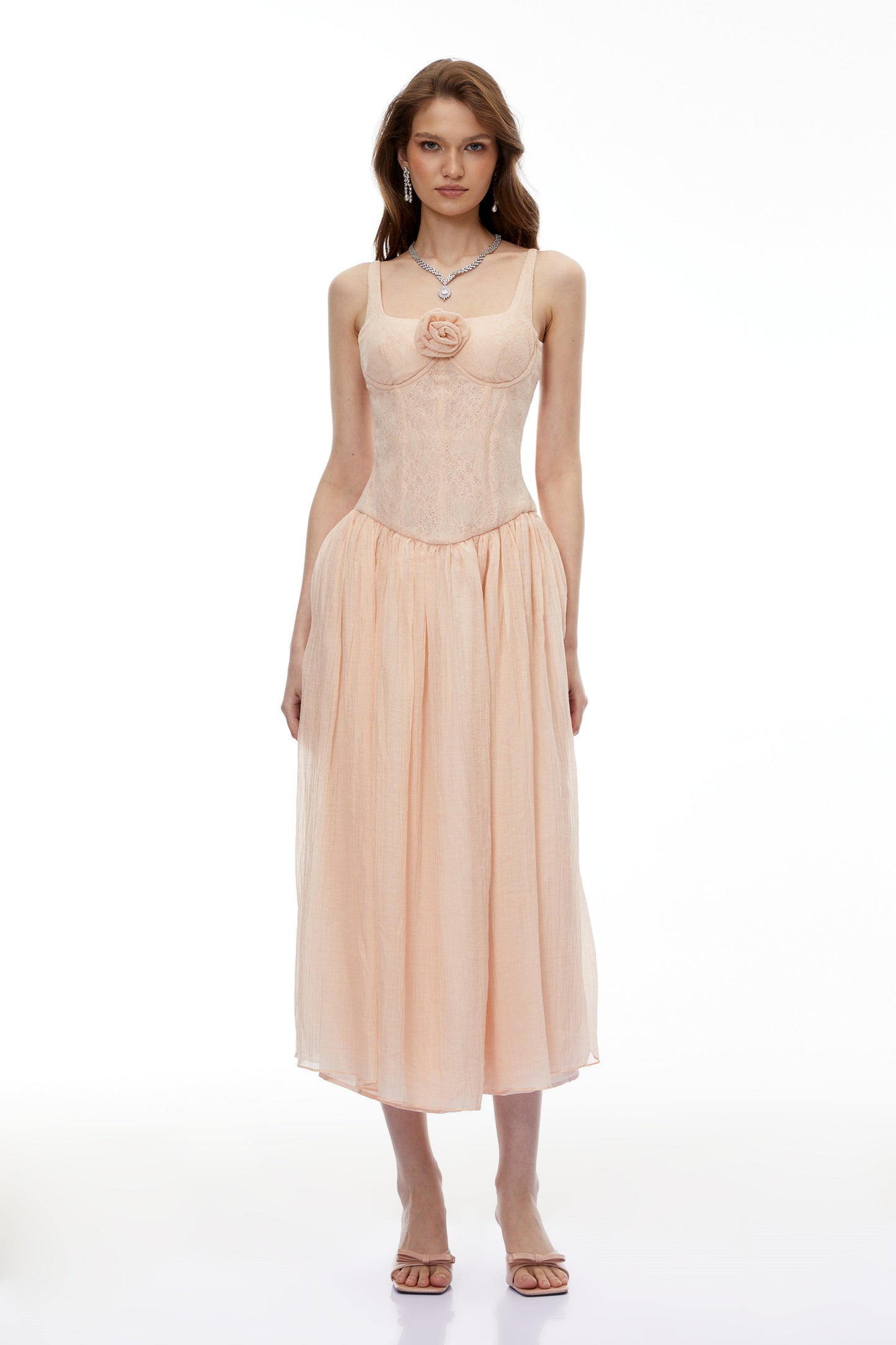 Amina Pink Floral Lace Midi Dress with Panels