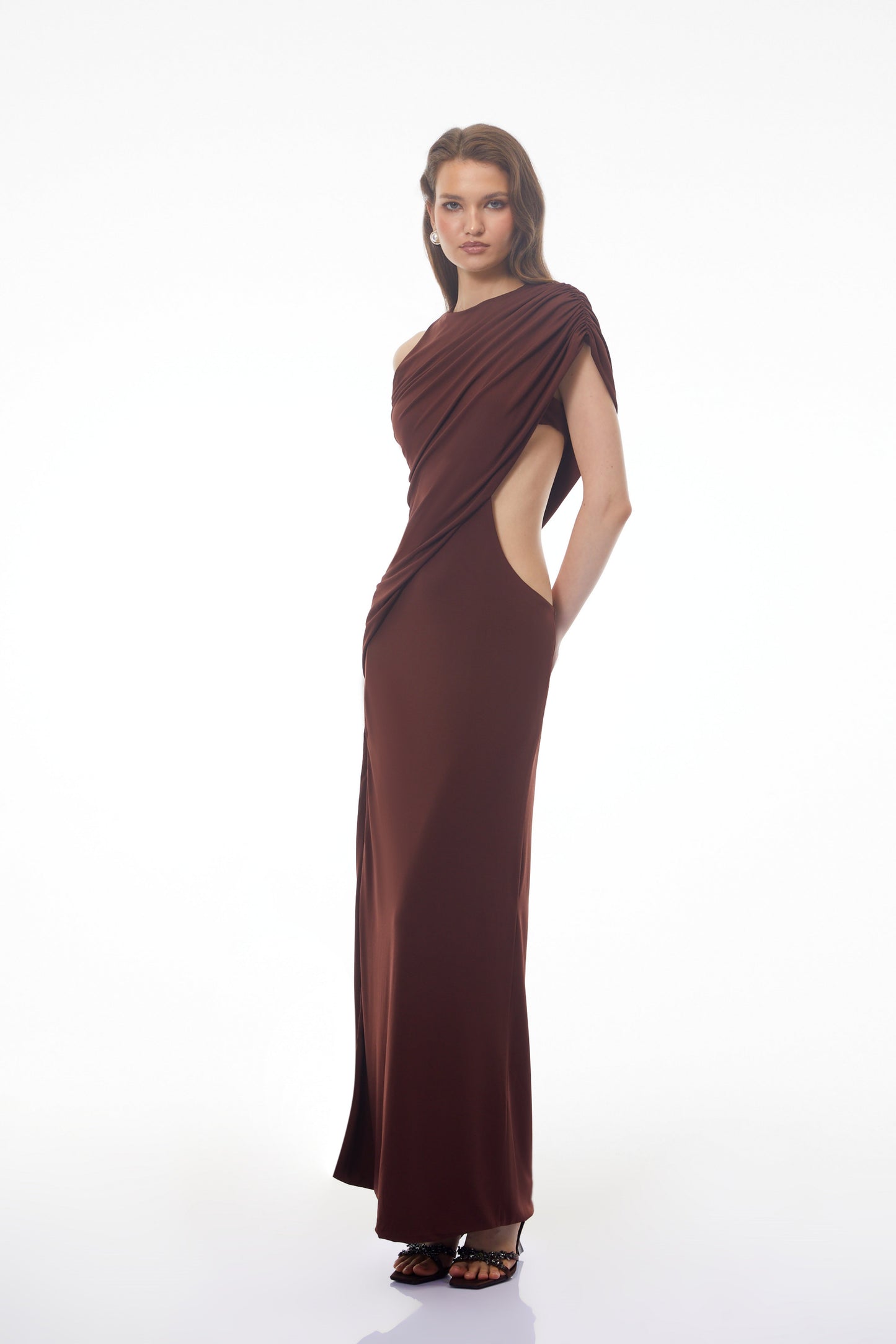 Amore Chocolate Brown One Shoulder Ruched Maxi Dress