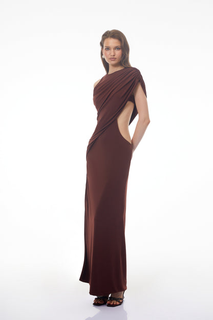 Amore Chocolate Brown One Shoulder Ruched Maxi Dress