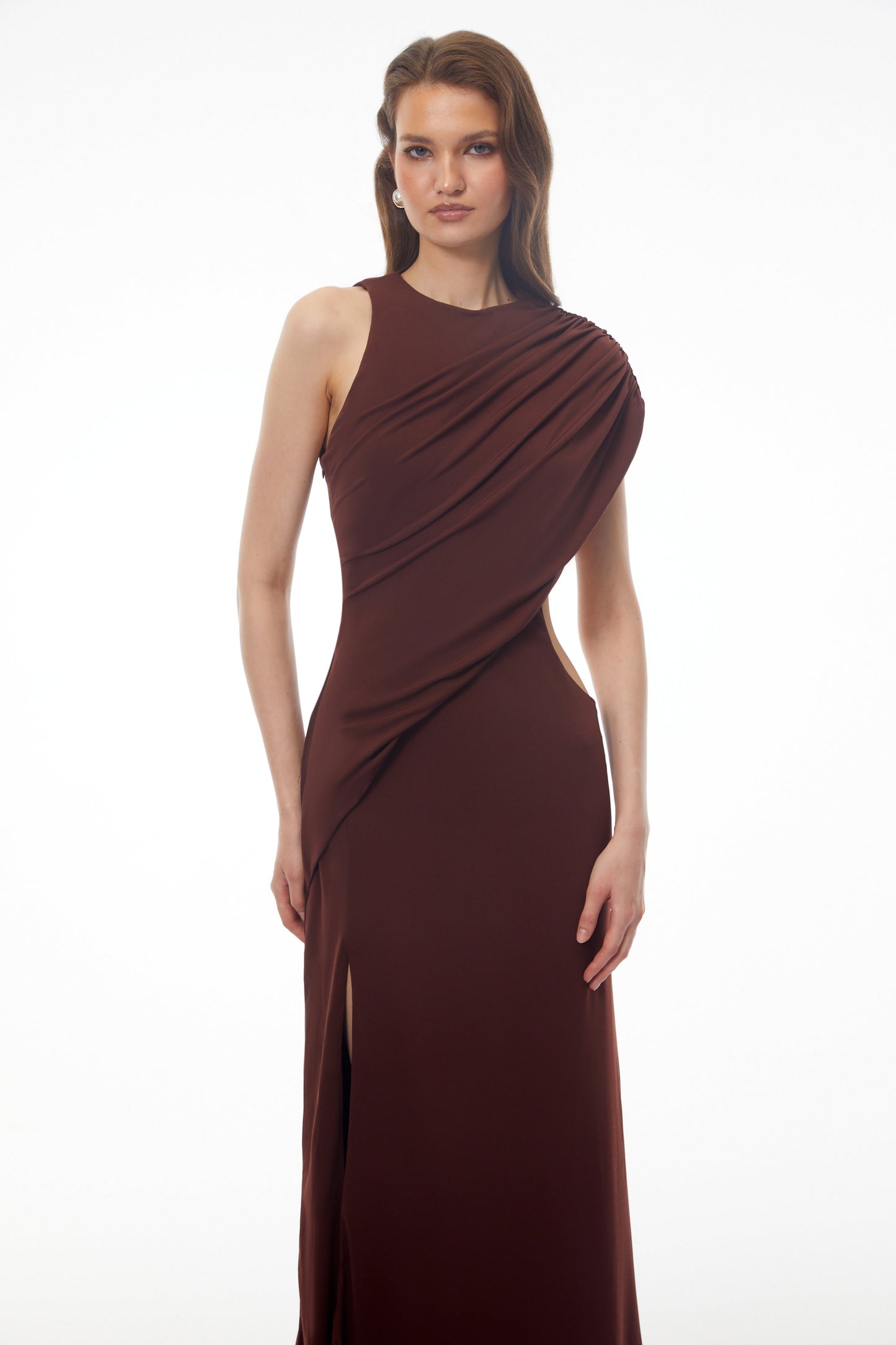 Amore Chocolate Brown One Shoulder Ruched Maxi Dress