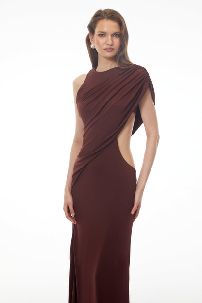Amore Chocolate Brown One Shoulder Ruched Maxi Dress