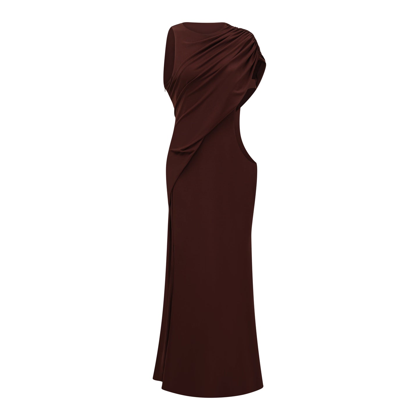 Amore Chocolate Brown One Shoulder Ruched Maxi Dress