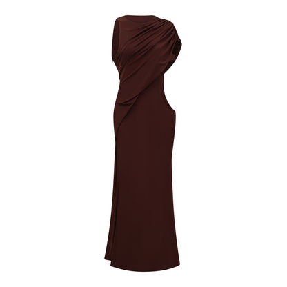 Amore Chocolate Brown One Shoulder Ruched Maxi Dress