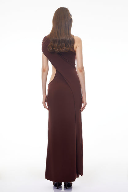 Amore Chocolate Brown One Shoulder Ruched Maxi Dress