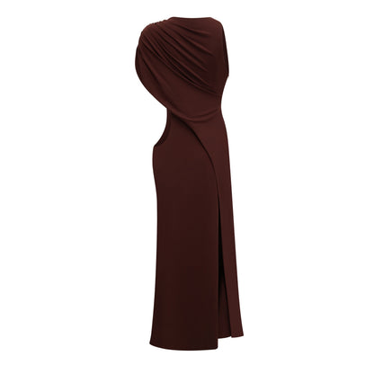Amore Chocolate Brown One Shoulder Ruched Maxi Dress