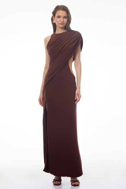 Amore Chocolate Brown One Shoulder Ruched Maxi Dress