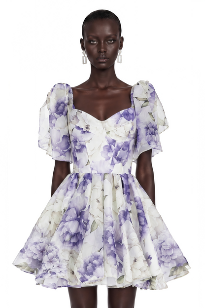 Amy Purple Floral Print Mini Dress with Bow Detail