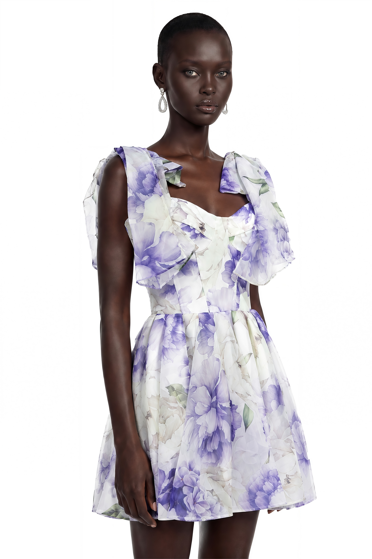 Amy Purple Floral Print Mini Dress with Bow Detail
