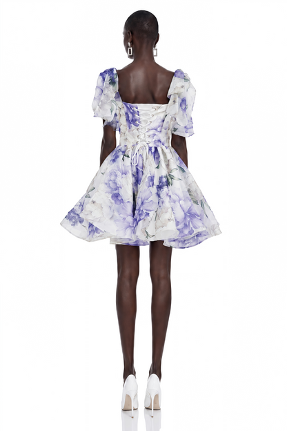Amy Purple Floral Print Mini Dress with Bow Detail