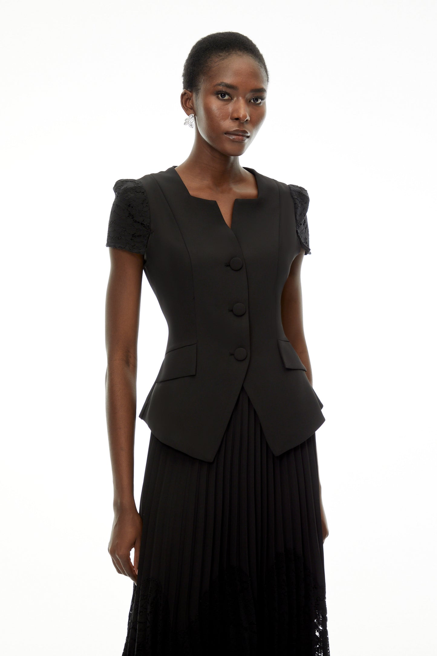 Beatrice Black V-Neck Button Down Top & Skirt Set