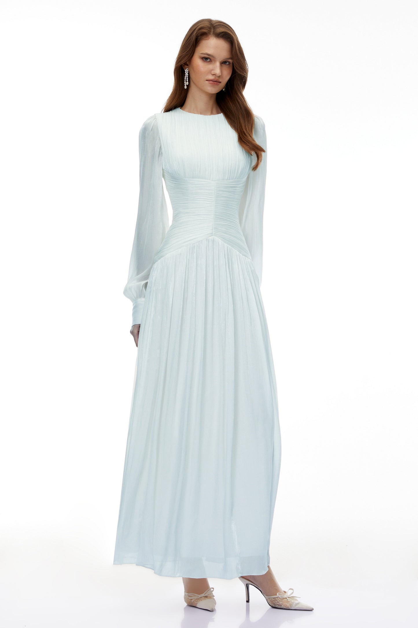 Aneka Green High Neck Glossy Ruched Maxi Dress