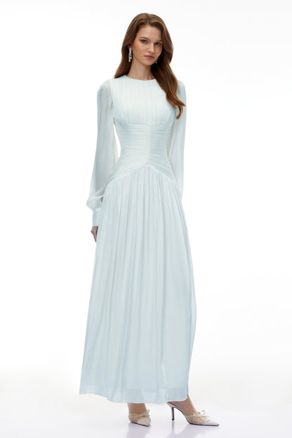 Aneka Green High Neck Glossy Ruched Maxi Dress