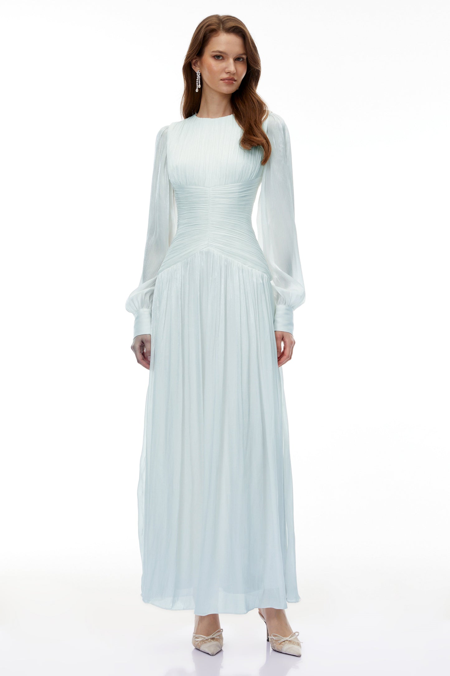 Aneka Green High Neck Glossy Ruched Maxi Dress