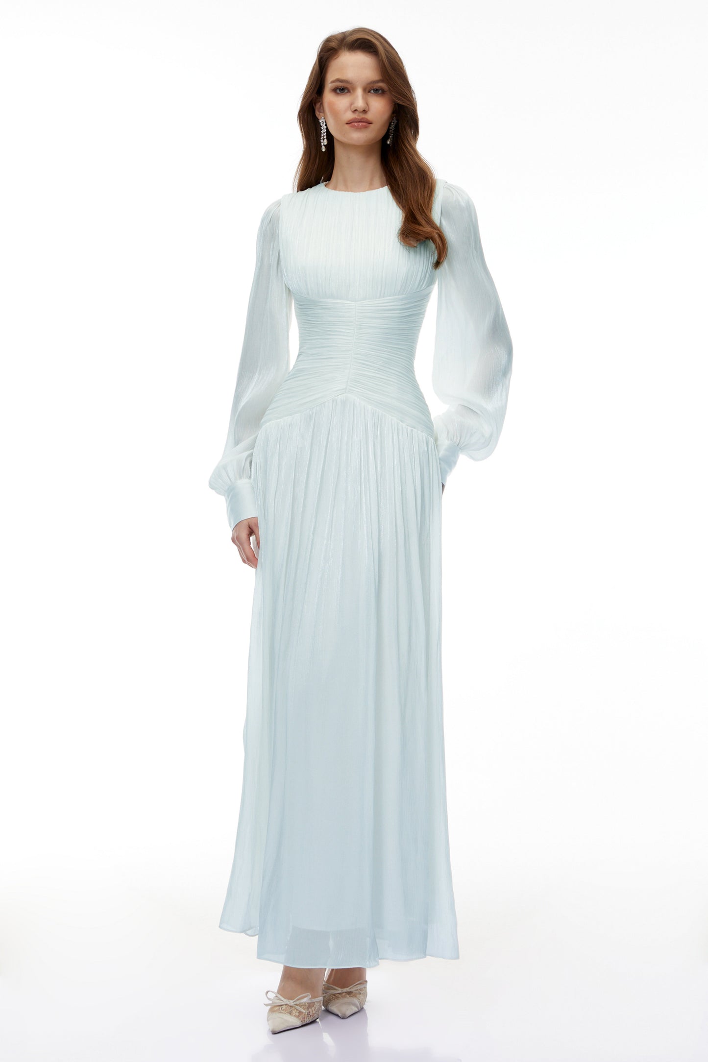 Aneka Green High Neck Glossy Ruched Maxi Dress