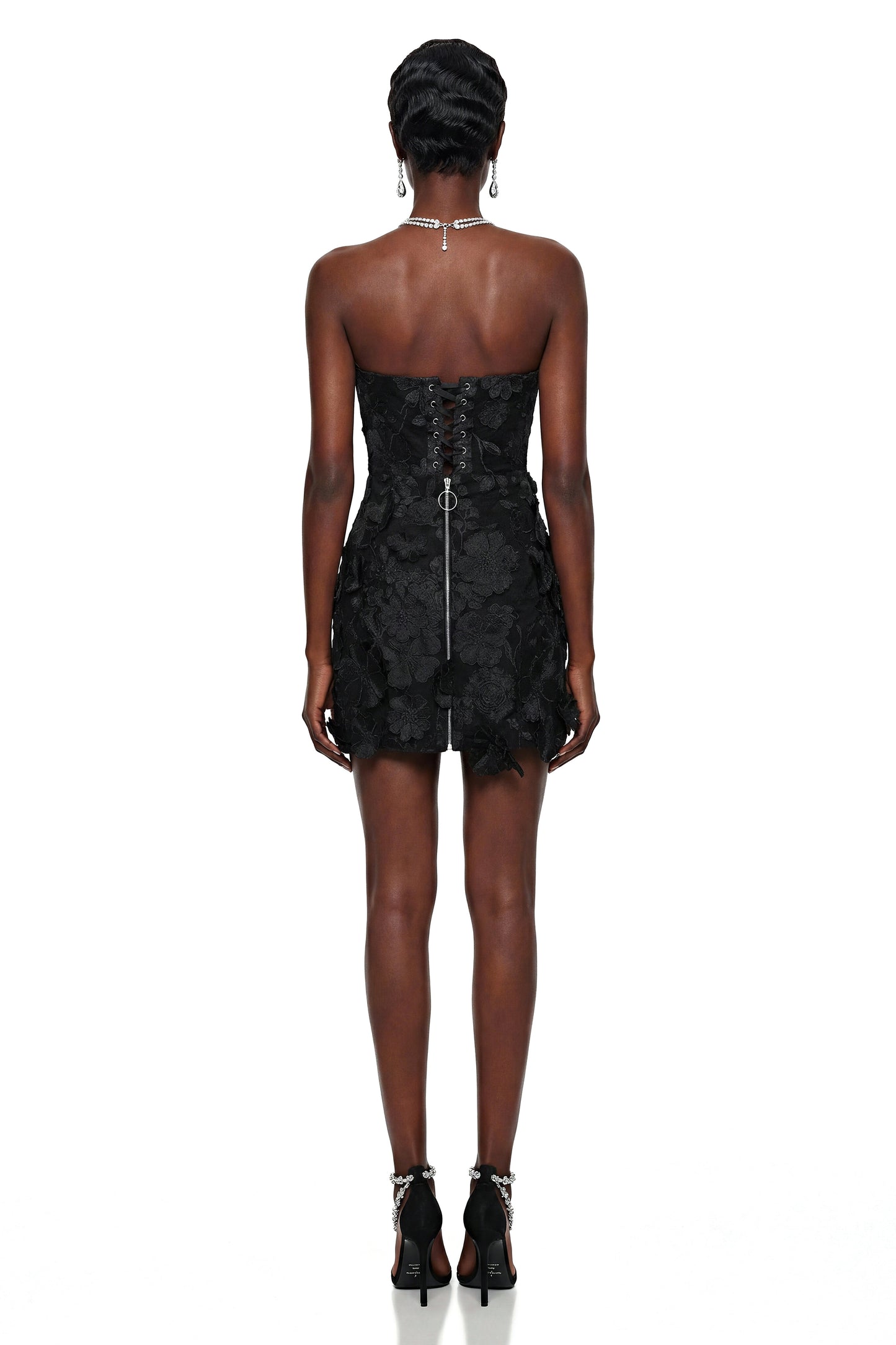 Anette Black Off Shoulder Mini Dress with 3D Petals