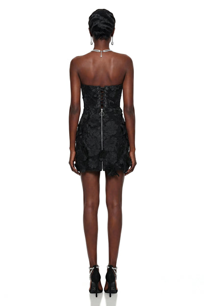 Anette Black Off Shoulder Mini Dress with 3D Petals