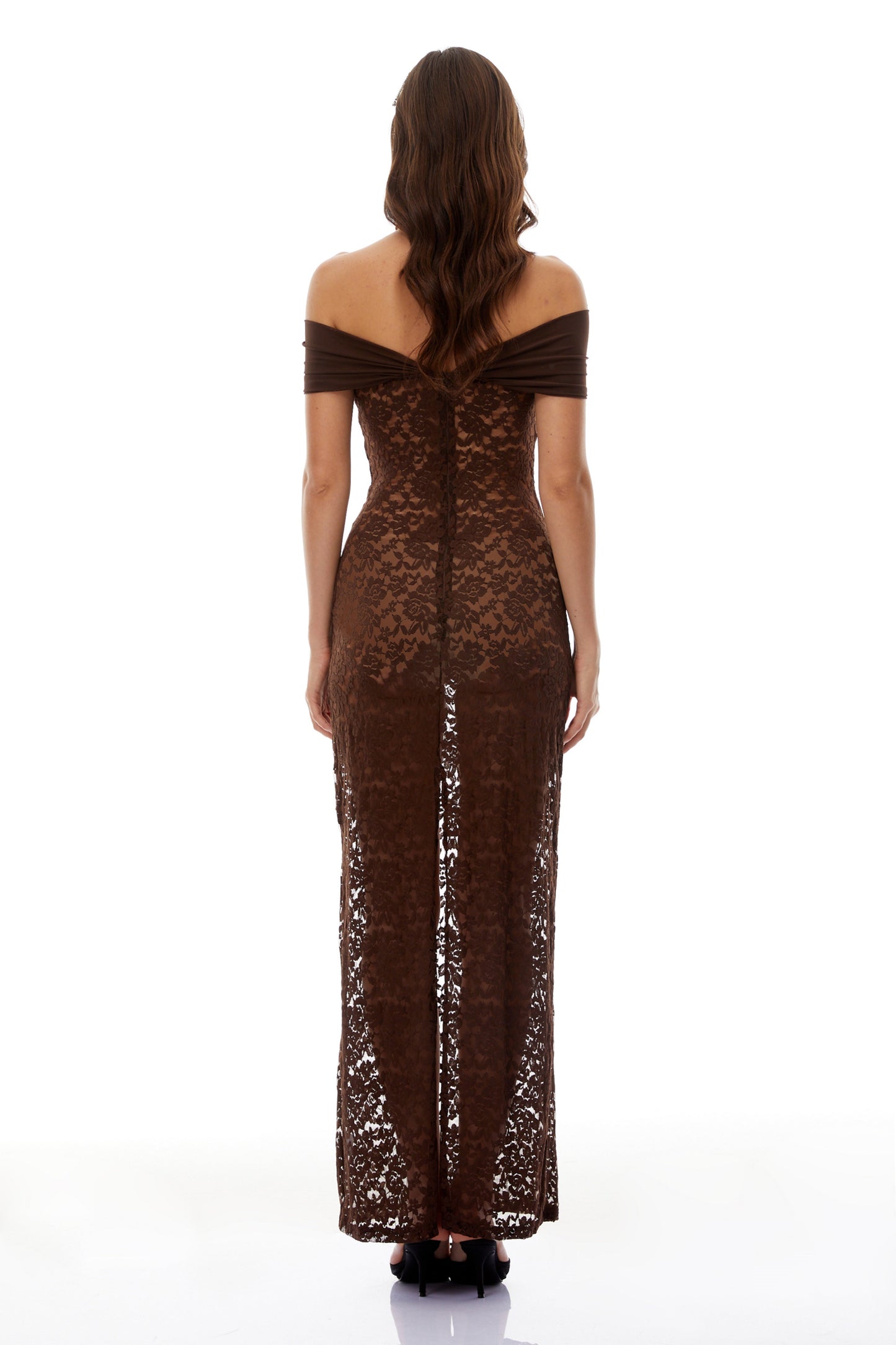 Angelina Brown Off Shoulder Floral Lace Maxi Dress