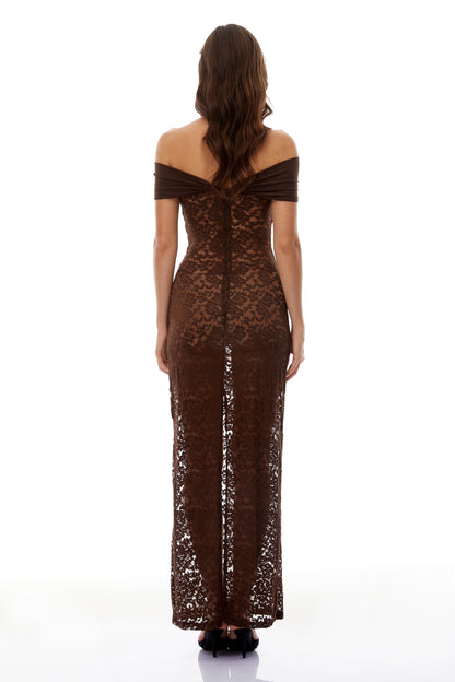 Angelina Brown Off Shoulder Floral Lace Maxi Dress
