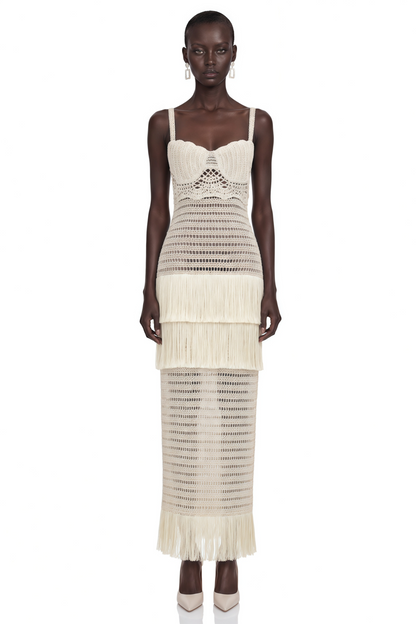 Ani White Cut-Out Knit Maxi Dress with Fringe