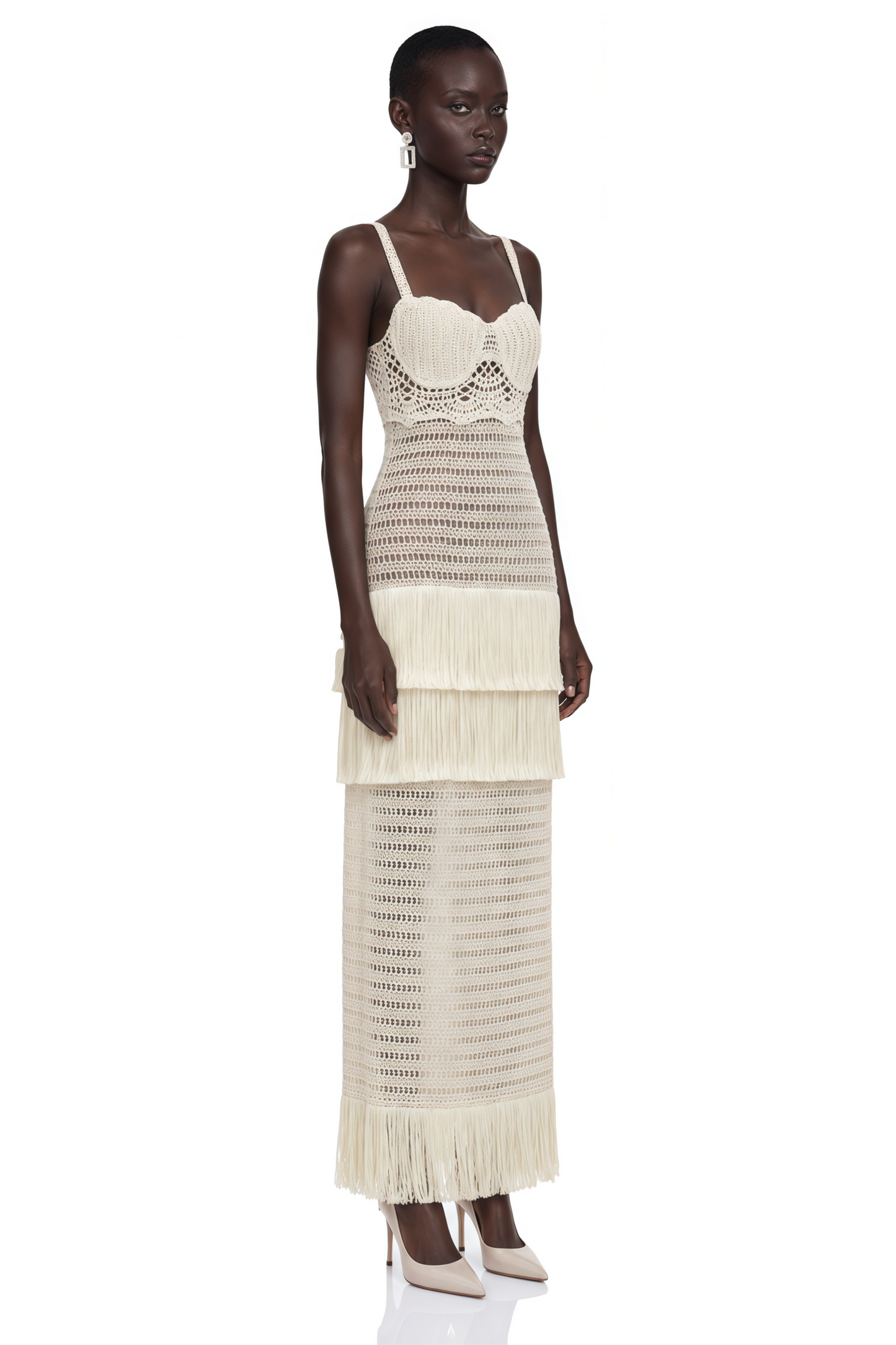 Ani White Cut-Out Knit Maxi Dress with Fringe