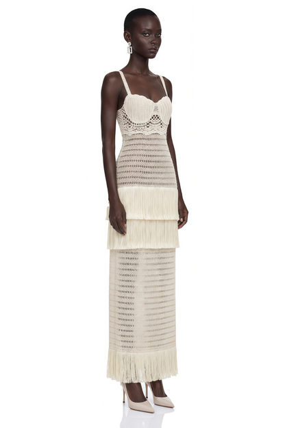 Ani White Cut-Out Knit Maxi Dress with Fringe
