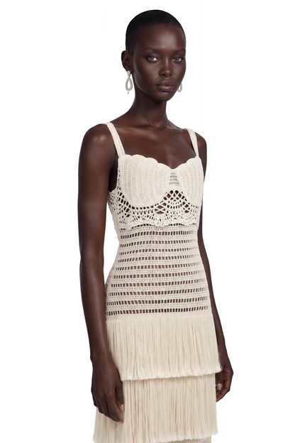 Ani White Cut-Out Knit Maxi Dress with Fringe