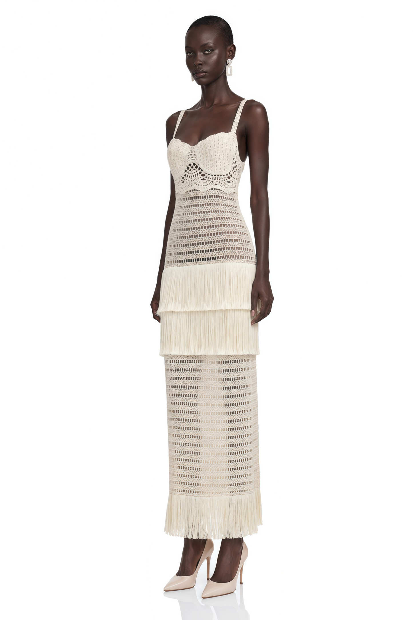 Ani White Cut-Out Knit Maxi Dress with Fringe