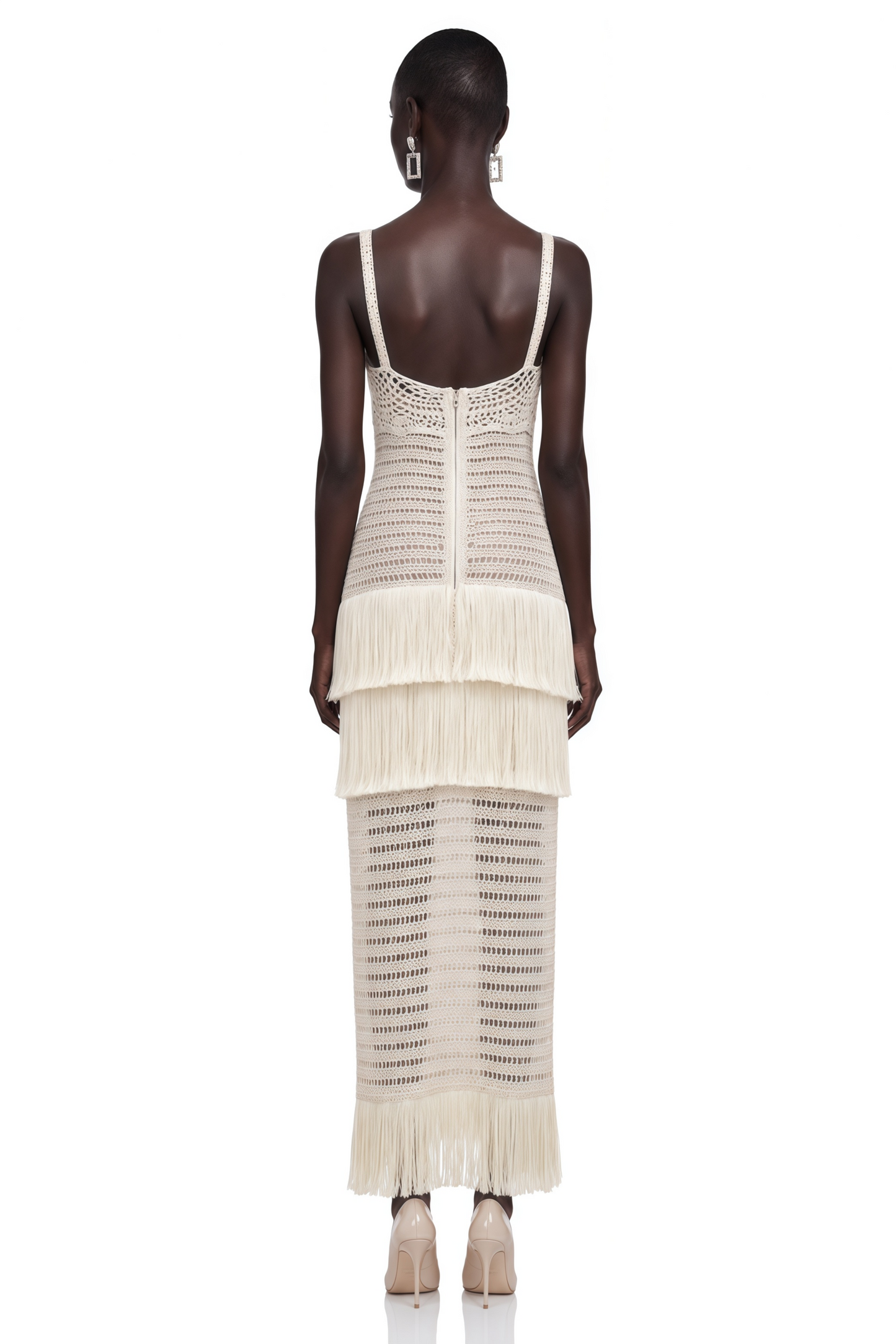 Ani White Cut-Out Knit Maxi Dress with Fringe