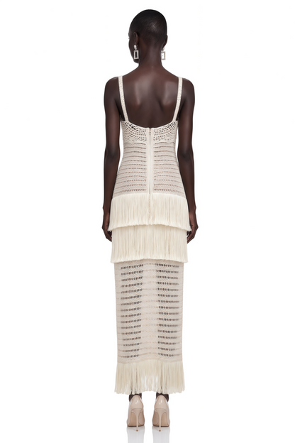 Ani White Cut-Out Knit Maxi Dress with Fringe