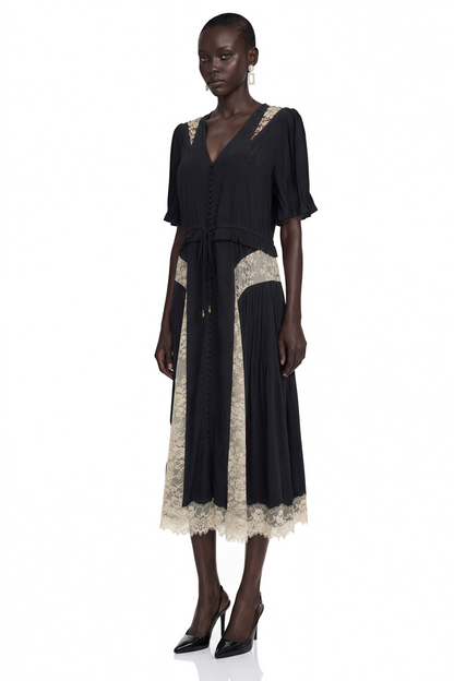 Annabeth Black V-Neck Midi Dress with Lace Panels