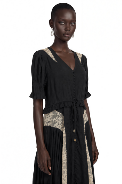 Annabeth Black V-Neck Midi Dress with Lace Panels
